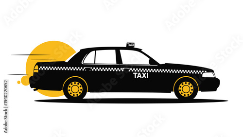 Silhouette of a black taxi cab with distinctive checkerboard patterns moves quickly past a large yellow circle sun.