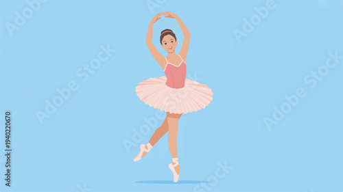 Ballet dancer in pink tutu poised en pointe on light blue background with arms raised