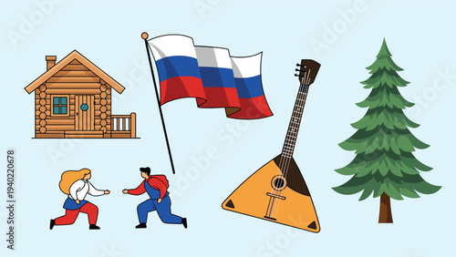 Russian cultural elements including a log cabin flag balalaika pine tree and traditional dancers are shown in a set.