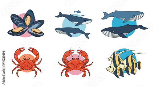 Diverse collection of sea life features mussels whales crabs and tropical fish presented against soft colorful circles.