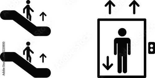 Modern escalator and elevator direction icons, people moving upward, transportation signage, public building navigation, accessibility symbol, wayfinding graphic, lift and escalator guidance system 