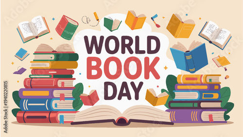 World book day celebration with colorful books and reading materials scattered around