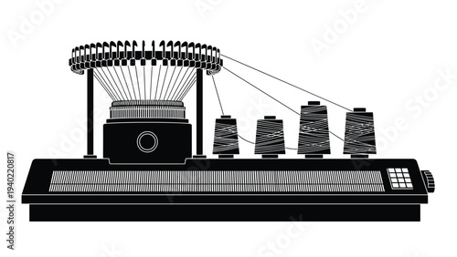 Silhouette of a large industrial circular knitting machine with several spools of thread attached for textile manufacturing.