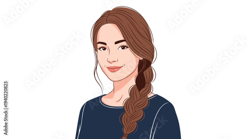 Portrait of a beautiful young woman with long brown hair styled in a thick braid, wearing a dark blue shirt against white.