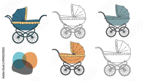 Collection of classic baby stroller designs in different colors and outline styles, including a color palette on the side.