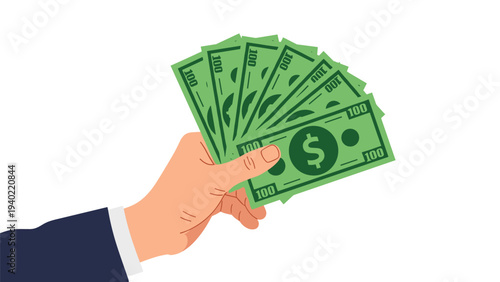 Businessman hand holding a fan of one hundred dollar bills, representing wealth, payment, investment, or financial success.