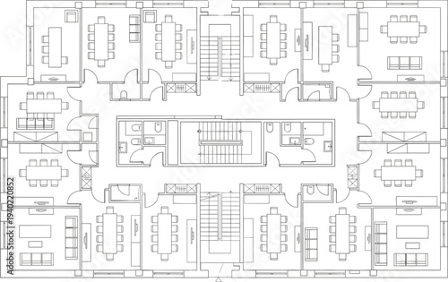 Office building floor plan architectural blueprint with meeting rooms, workspaces, stairs and facilities layout for corporate interior design and workspace planning