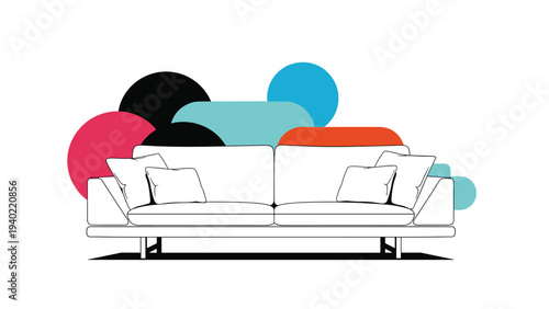 Modern white sofa with several pillows positioned in front of a series of abstract colorful circular and oval background shapes.