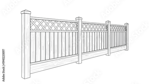 Simple line drawing of a long wooden picket fence with a lattice top section, showing perspective view on a plain background.
