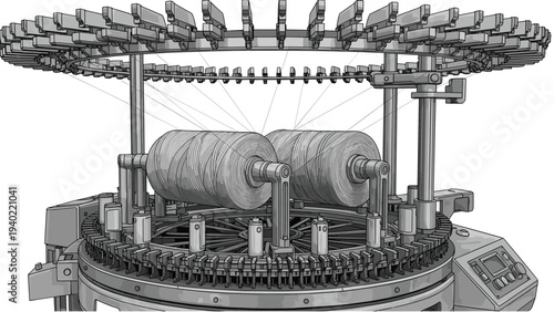 Detailed monochrome illustration of a textile industrial machine with large thread spools used for commercial fabric production.