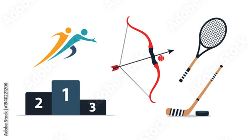 Set of sports competition icons including runners, an archery bow, tennis racket, hockey stick, and a winner podium with numbers.