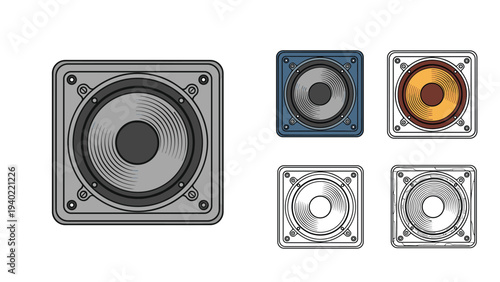 Collection of audio speaker or subwoofer icons in various color schemes and styles, including line art and detailed versions.