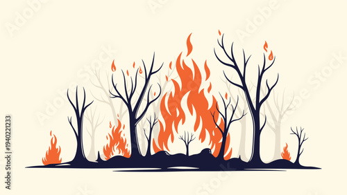 Illustration of a forest fire with orange flames engulfing black tree silhouettes against a pale background, representing nature.