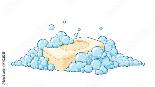 Simple bar of beige soap sitting in a large pile of blue soap bubbles, representing cleanliness, hygiene, and washing rituals.
