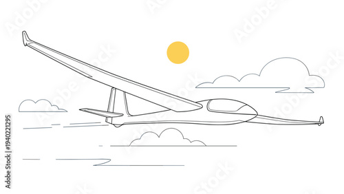 Minimalist line drawing of a glider airplane soaring through the sky with clouds and a simple yellow sun in the background scene.