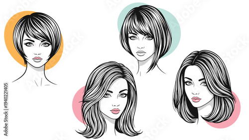 Four illustrations of women with different modern hairstyles including short bobs and layered medium length cuts in black and white.