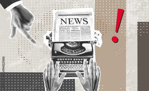 Trendy Halftone Collage. Vintage typewriter with crumpled papers on desk , in dotted texture vintage pop. Typewriter printing vintage news.	