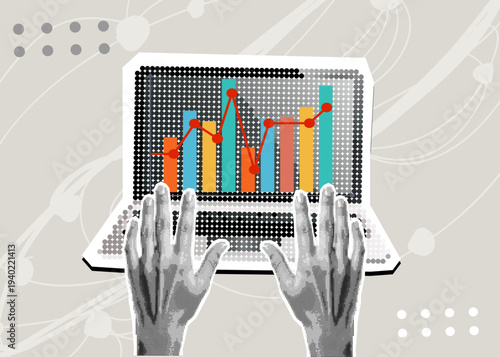 Data analytics concept. Halftone hand draws sales graph. Modern collage design. Pop art. Growth chart. Successful business performance. Business data graph on screen laptop. Achieving high results	