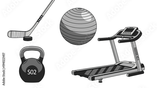 Set of monochrome fitness and sports equipment icons including a hockey stick, kettlebell, exercise ball, and a motorized treadmill.