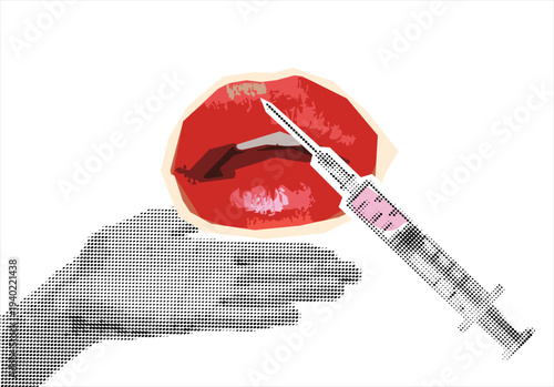 Trendy Halftone Collage lips and syringe, filters. Beauty surgery concept. Female lips.	