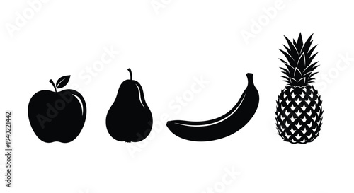Black silhouettes of an apple pear banana and pineapple silhouette