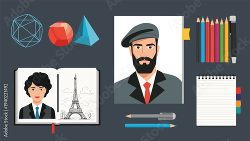 Creative artist workspace featuring a portrait of a man in a beret alongside his sketchbook pencils and various geometric shapes.