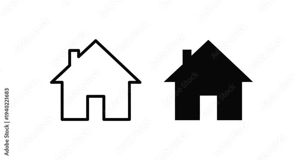 Fototapeta premium Two house icons one outlined and one solid in a graphic silhouette