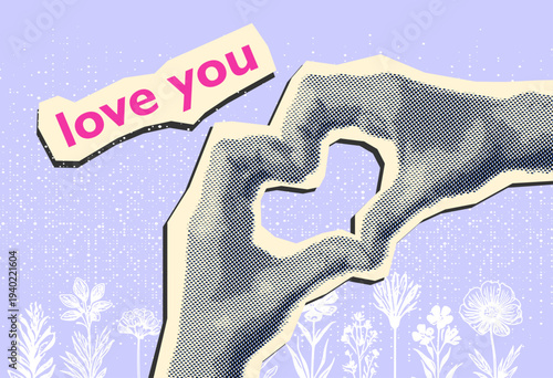  Trendy Halftone Collage hands showing a heart shape  with inscription "love you"isolated on a purple background. Feelings and emotions. Modern design. Contemporary art
