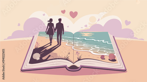 Romantic beach scene in an open book with couple walking hearts and luggage on a sunny day