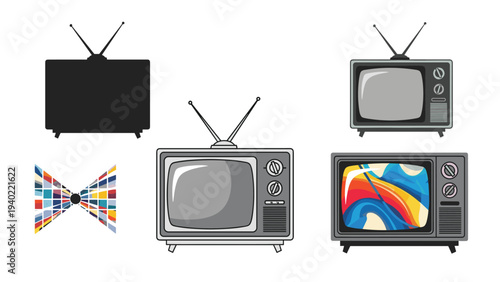 Collection of retro television set icons in various styles from solid black silhouettes to detailed gray and color versions.