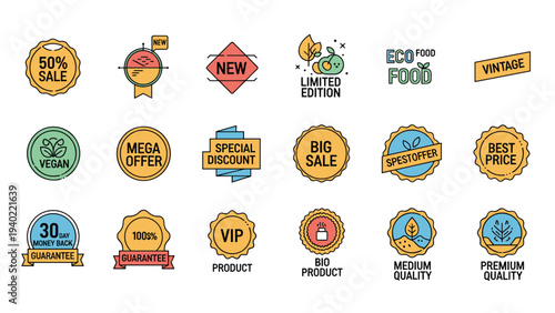 Large collection of colorful sales badges and product labels for promotional offers like big sale best price and organic quality.