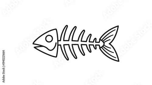 Simple black and white line drawing of a fish skeleton with head spine and tail bones isolated on a white background.