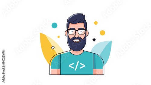 Cartoon style portrait of a friendly male computer programmer with a beard and glasses wearing a shirt with coding symbols.