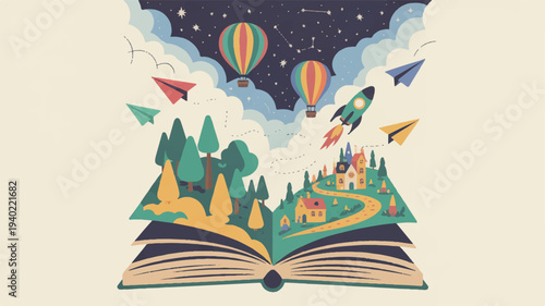 Whimsical illustration of an open book with a fantasy landscape emerging featuring hot air balloons trees and a starry night sky symbolizing imagination and adventure in education