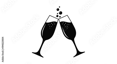 Two wine glasses clinking in a celebratory toast black silhouette