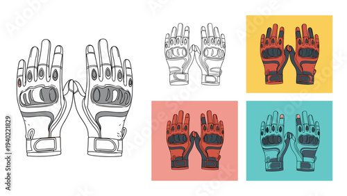 Pair of durable tactical or motorcycle gloves shown in several color options and graphic styles from detailed sketch to flat icons.