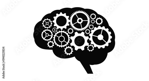 A human brain filled with gears and cogs black silhouette