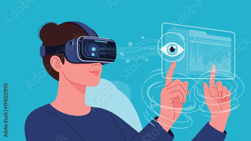 Innovative digital illustration of a woman wearing a virtual reality headset and interacting with floating holographic data screens.