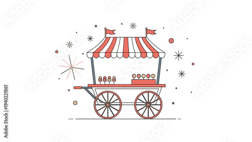 Charming illustration of a vintage style street food cart with a red striped awning and various snacks on display.