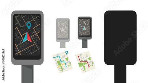 Collection of digital navigation and mapping icons showing location markers routes and information kiosks for travel guidance.