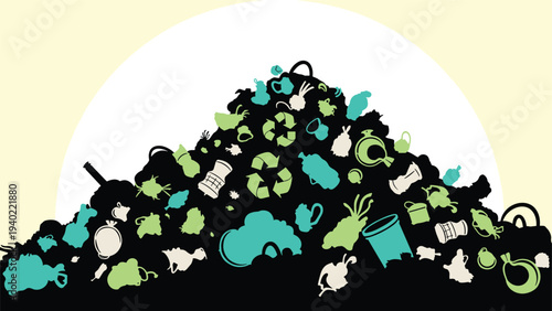 Environmental concept illustration showing a massive heap of garbage and recyclable items against a bright circular background.
