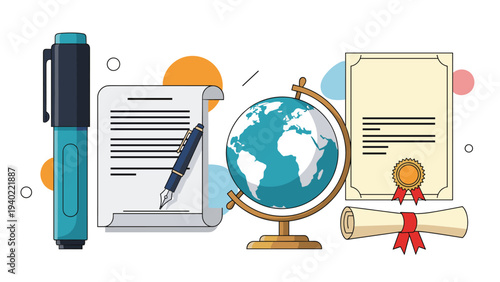 Assortment of educational symbols including a fountain pen world globe diploma scroll and a formal academic certificate.