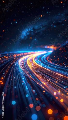 Vibrant abstract visualization of high-speed data streams in a dark, cosmic setting.