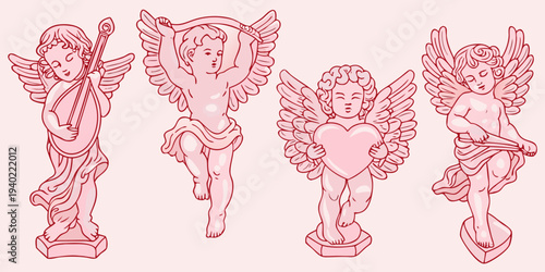 Four cherubic angels with musical instruments and a heart illustration