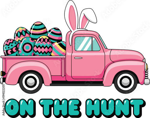 cute retro pink vintage truck for easter hunt vector with bunny ears and colorful eggs