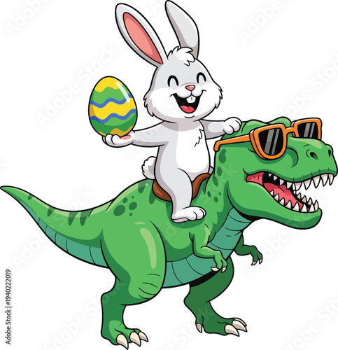adorable cartoon bunny riding a cool dinosaur wearing orange sunglasses and holding an easter egg vector