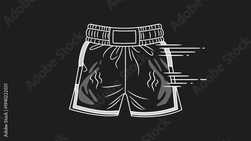 Pair of boxing shorts with speed lines on a dark background represents athletic movement and high intensity training in combat sports.