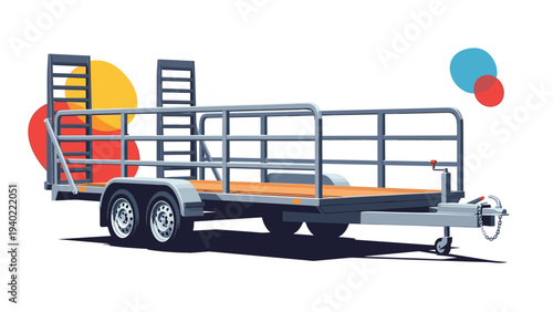 Double axle utility trailer with loading ramps and a wooden deck is illustrated with colorful abstract circles in the background.