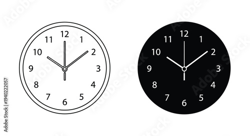 Two analog clocks displaying different times black and white silhouette