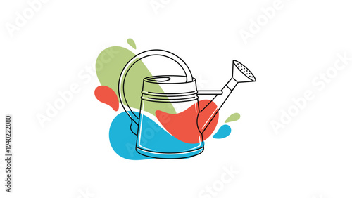 Metal watering can for gardening is shown with vibrant abstract shapes in green, red, and blue representing water and growth concepts.
